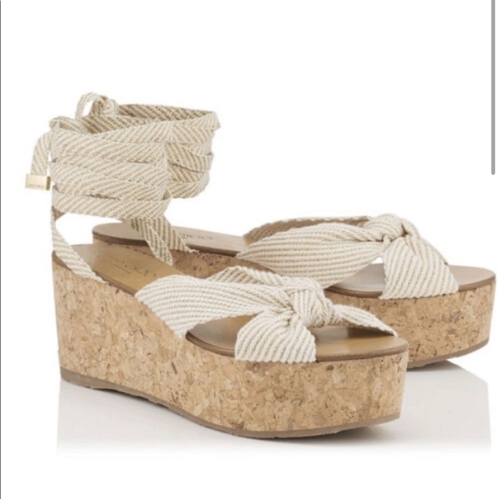 Jimmy Choo White Gold Norah Wedge Ankle Wrap Sandal EU 38
